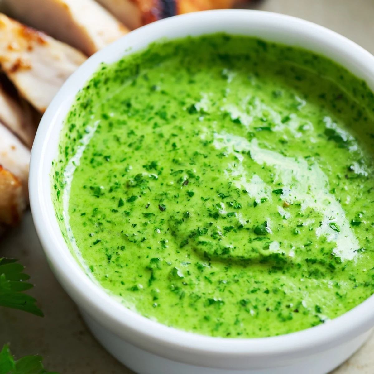 Vibrant green Thai cilantro sauce drizzled over grilled chicken in a white serving bowl