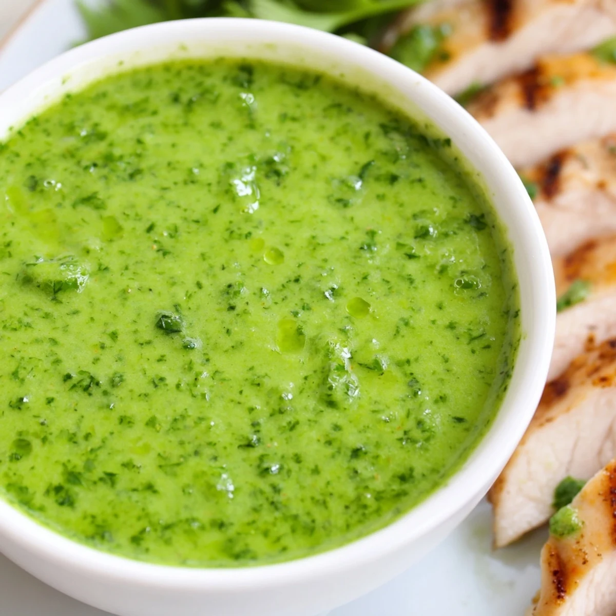 Creamy bright green Thai cilantro sauce garnished with extra herbs on wooden cutting board