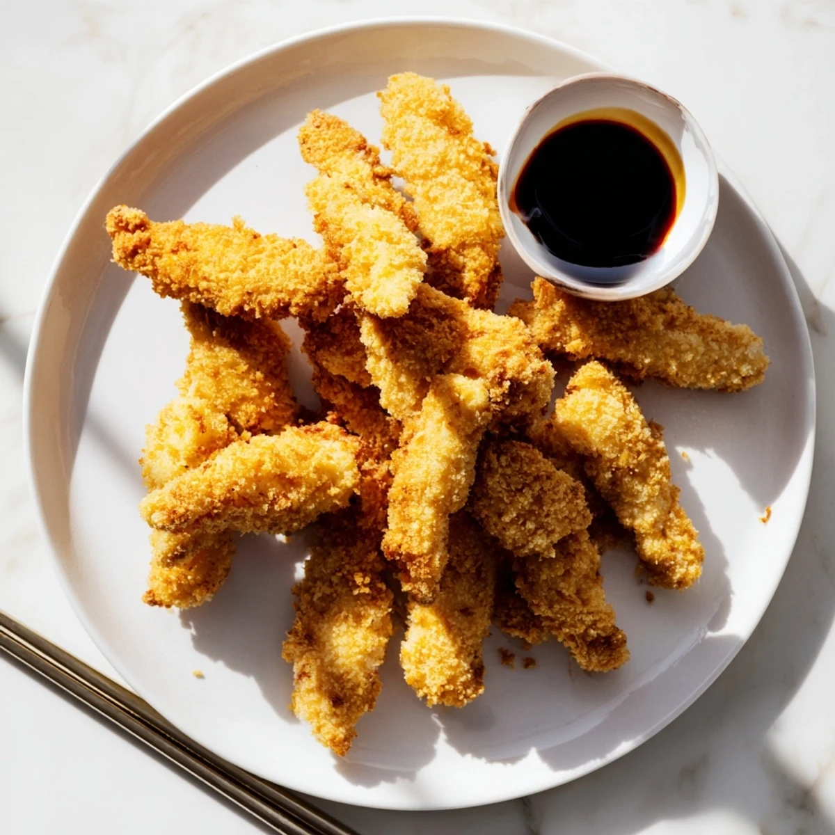 Golden chicken tempura pieces with light crispy batter served alongside tangy soy ginger dipping sauce