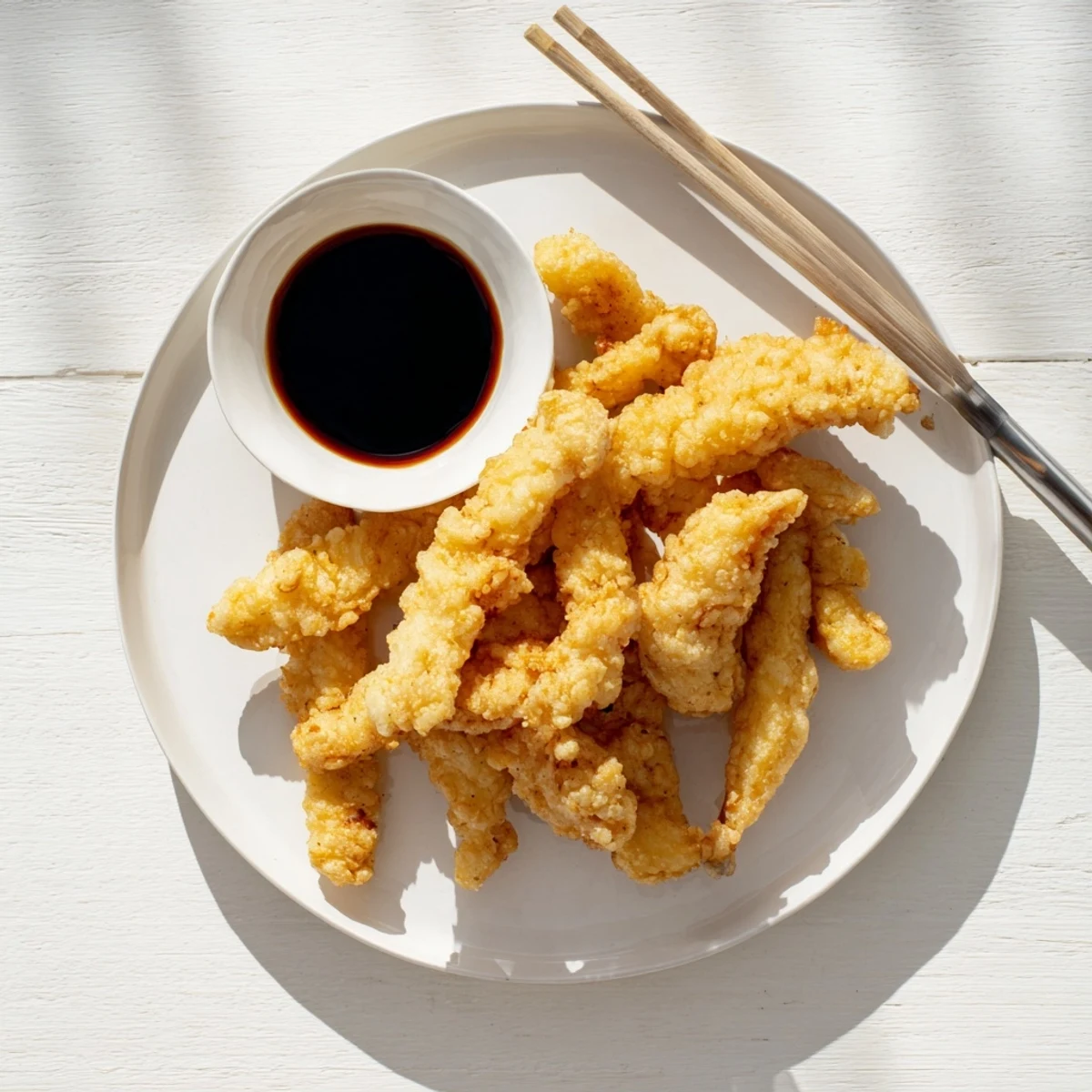 Crispy battered chicken breast tempura arranged on plate with homemade sweet and sour dipping glaze