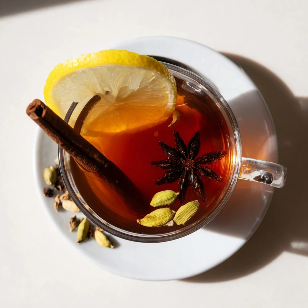 Golden Lebanese spiced tea steaming in a glass teapot with floating cinnamon stick and cardamom pods