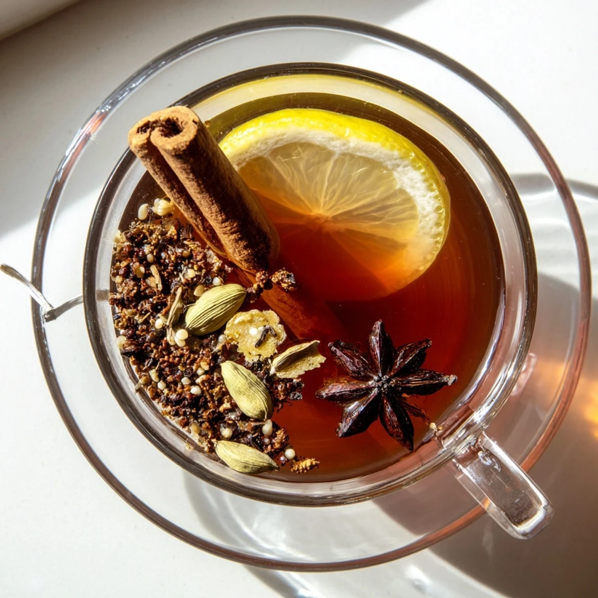 Fragrant Lebanese spiced tea poured into white teacups garnished with fresh lemon slices on wooden tray