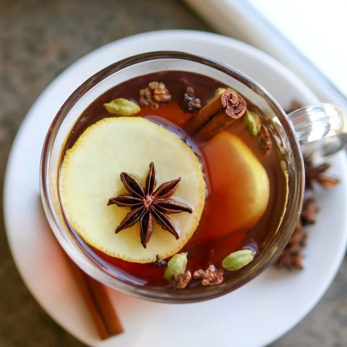 Rich amber Lebanese spiced tea with whole spices like star anise and cloves infusing in copper saucepan