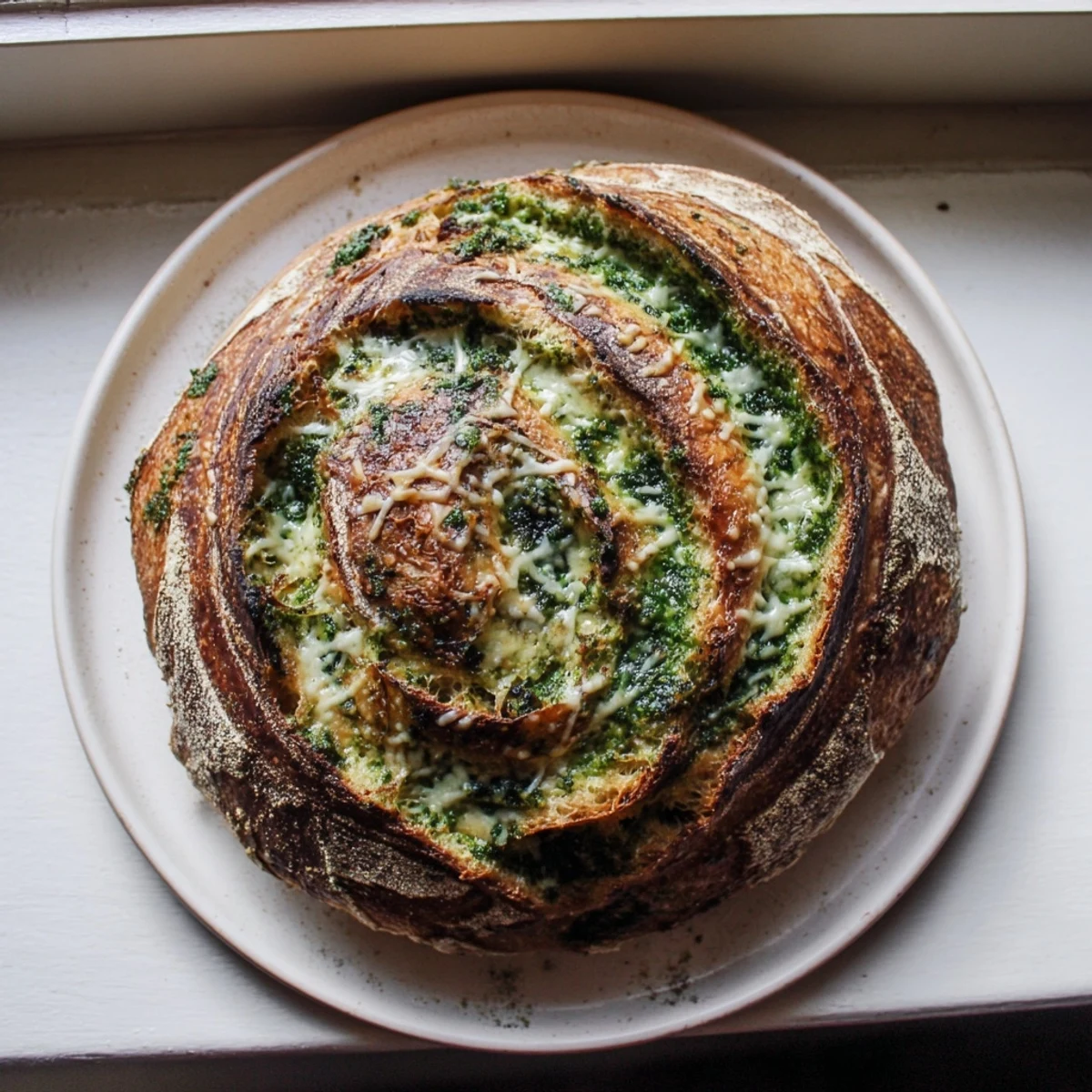 Rustic Pesto Parmesan sourdough bread swirled with green basil and golden melted cheese topping