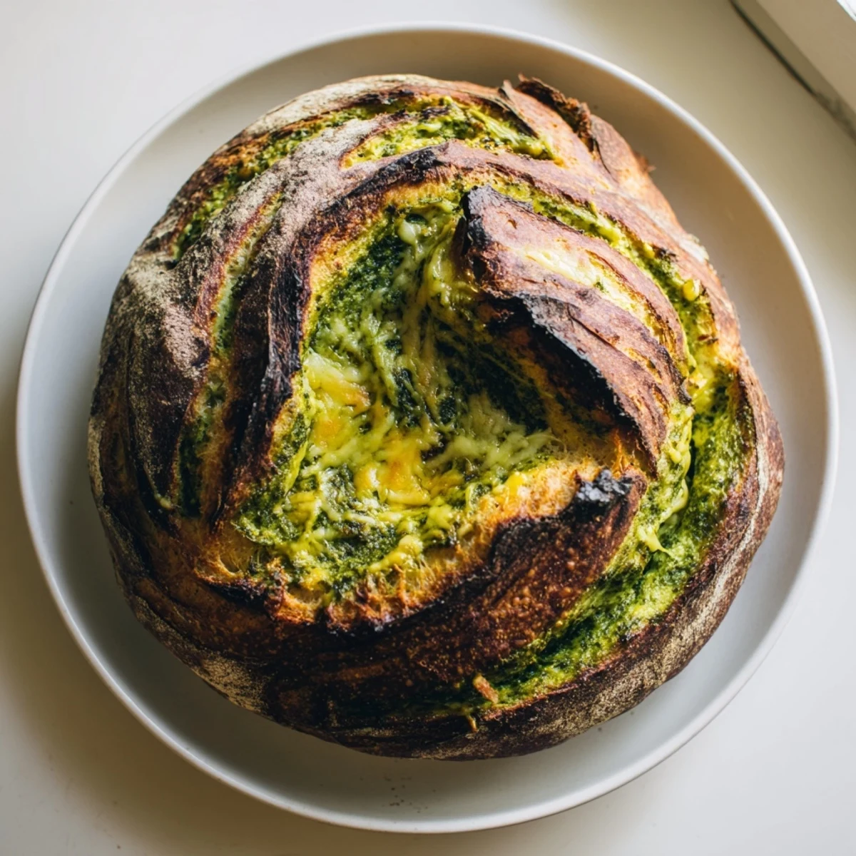 Golden Pesto Parmesan sourdough cooling on wire rack with crispy cheesy crust and aromatic basil swirl