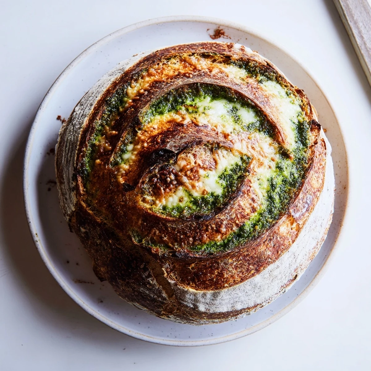 Freshly sliced Pesto Parmesan sourdough loaf revealing vibrant green pesto spiral throughout the crumb