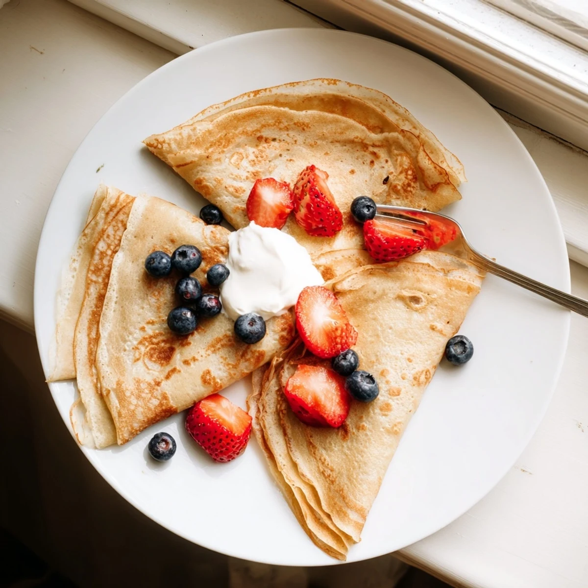 Stack of golden healthy oatmeal crepes drizzled with honey and topped with fresh berries