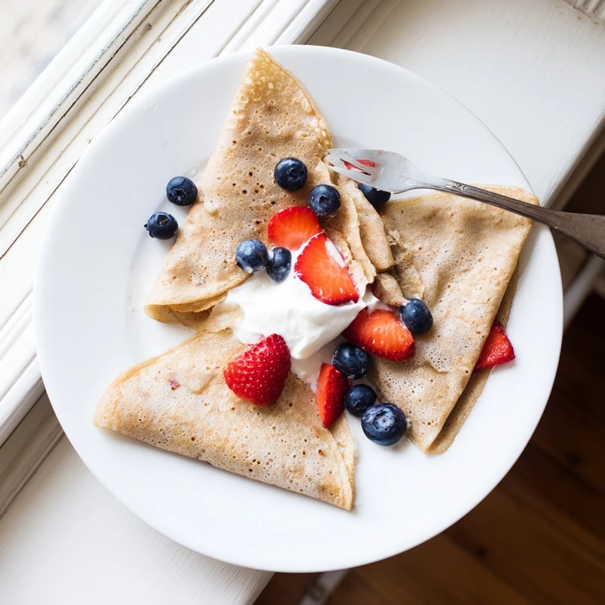 Light and tender healthy oatmeal crepes folded over yogurt and sliced banana on white plate