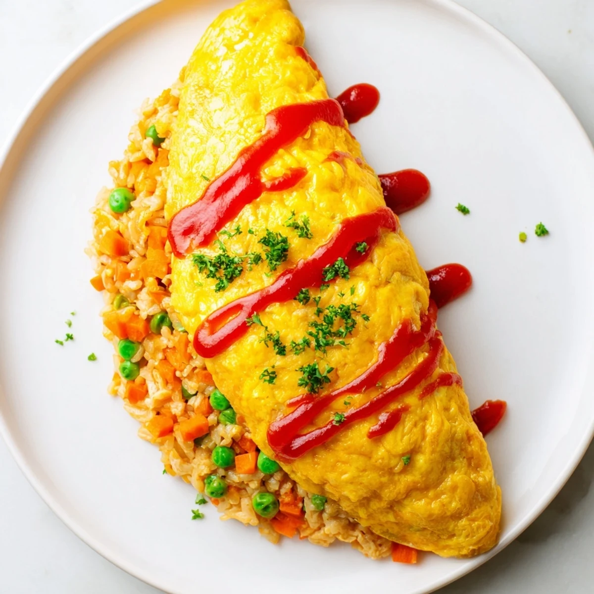 Golden Omurice Japanese comfort food with fluffy egg wrapped around savory ketchup fried rice