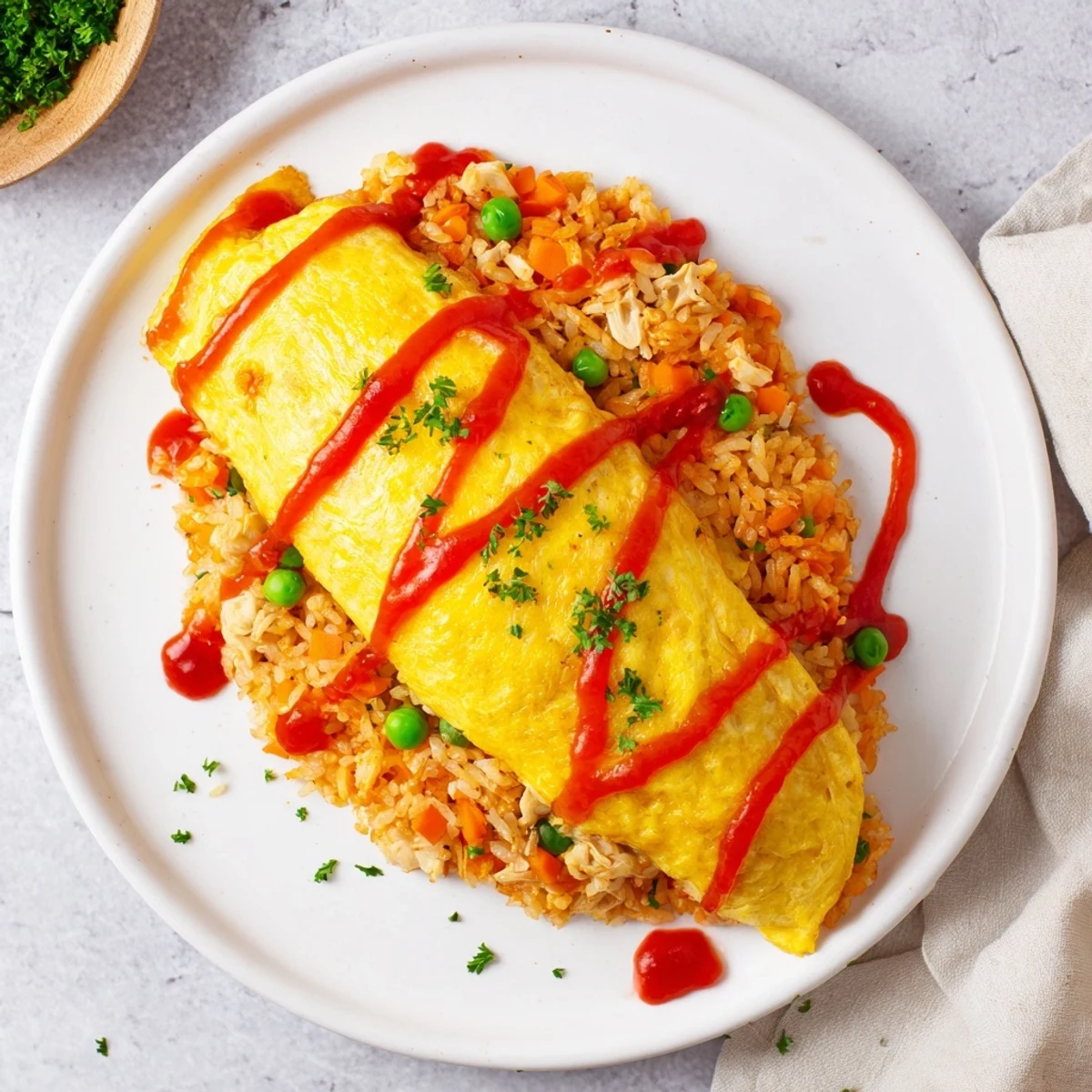 Soft silky omelet covering seasoned chicken fried rice topped with tangy red ketchup drizzle