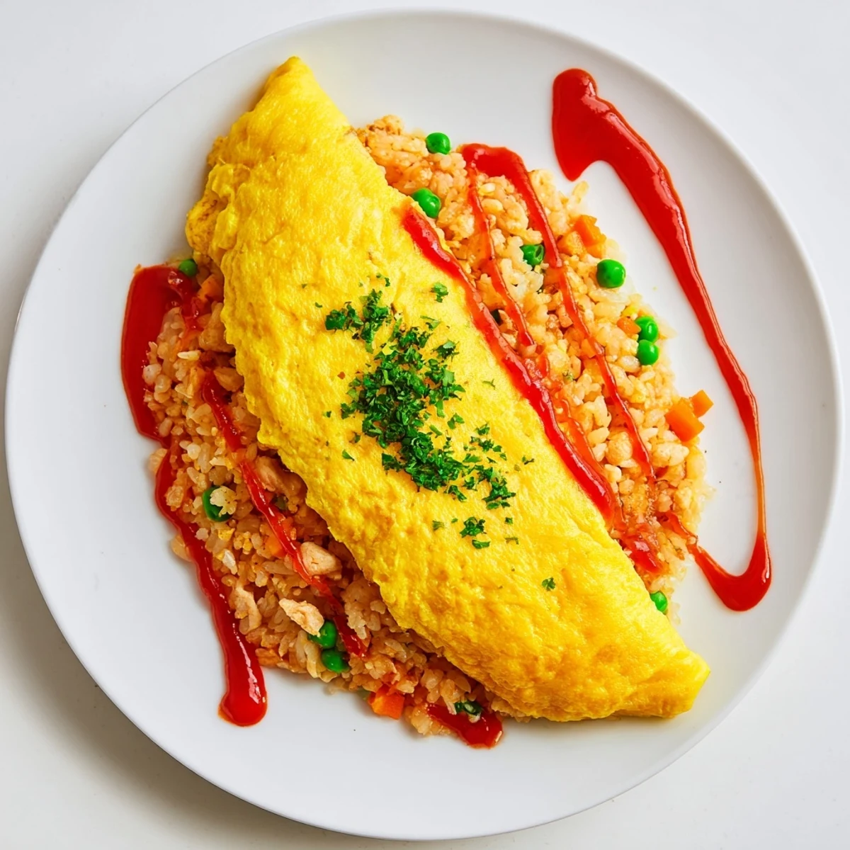 Plate of homemade Omurice featuring tender yellow egg envelope filled with vegetable rice mixture