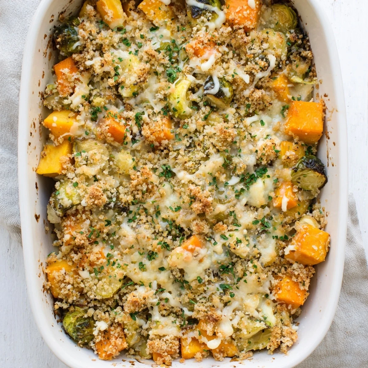Golden bubbling creamy winter vegetable casserole topped with melted Gruyère and buttery breadcrumbs