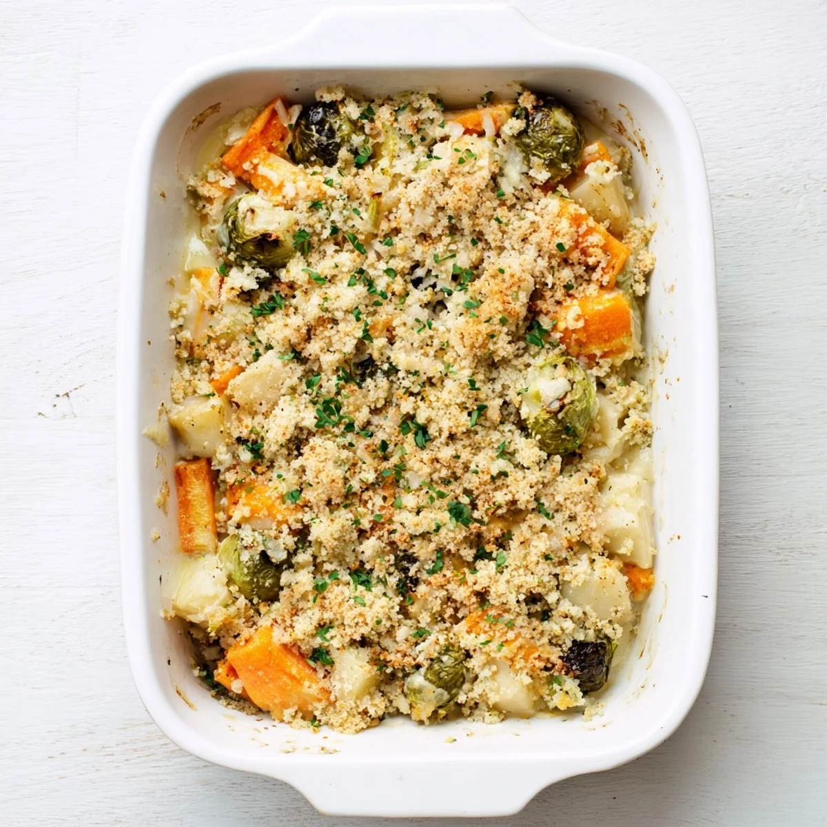 Oven-baked winter vegetable casserole featuring tender squash carrots and parsnips in rich herbed cream sauce