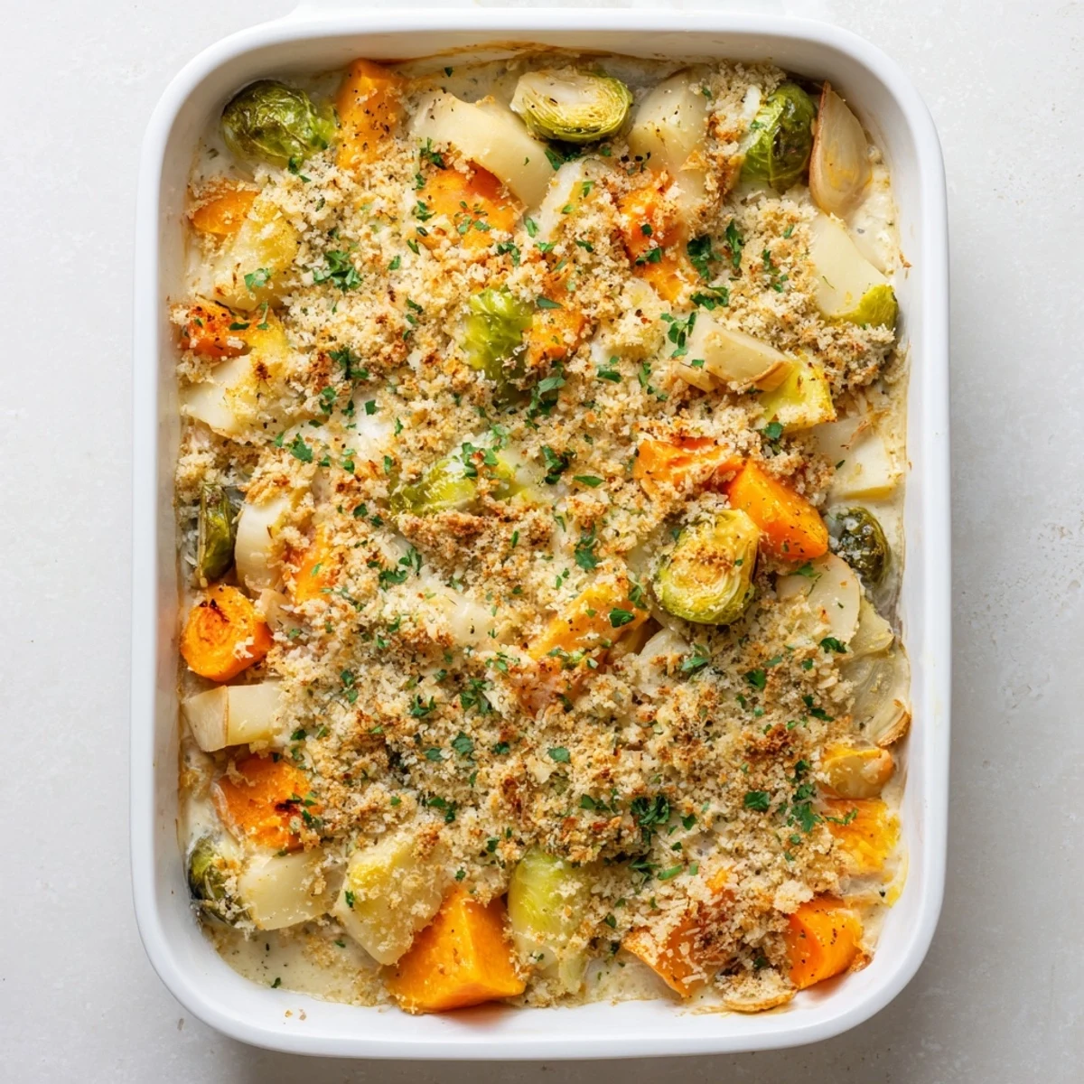 Comforting creamy winter vegetable casserole sprinkled with fresh parsley and golden brown panko topping