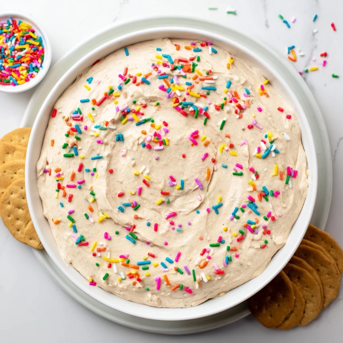 Creamy high protein Dunkaroo dip topped with colorful rainbow sprinkles in a white serving bowl