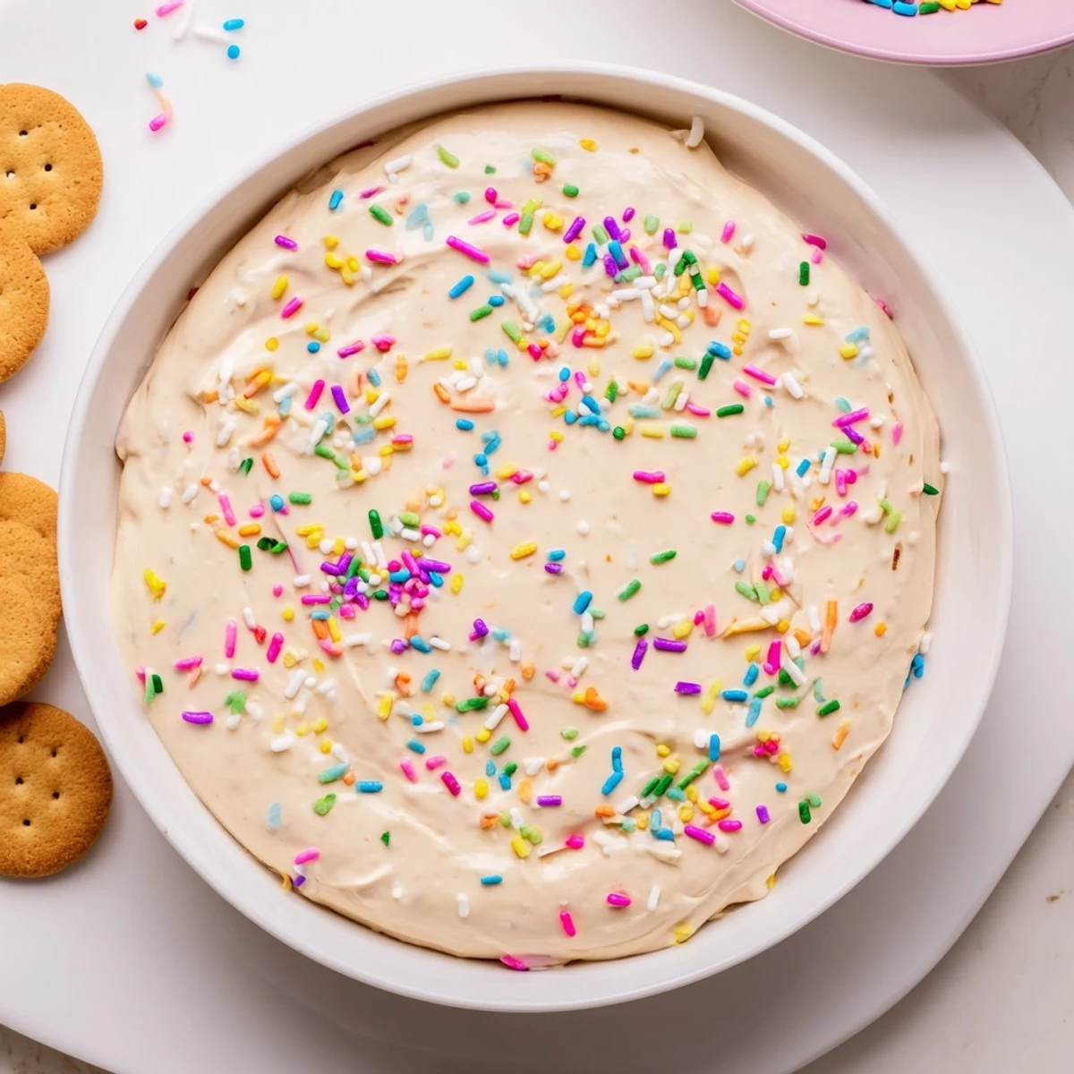 White bowl filled with smooth high protein Dunkaroo dip garnished with festive rainbow sprinkles