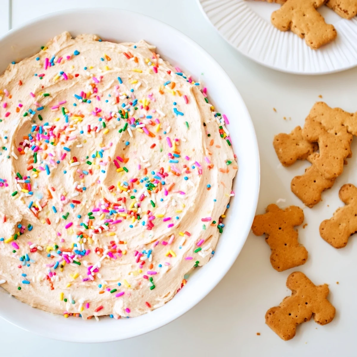 Thick vanilla protein-infused Dunkaroo dip swirled with bright sprinkles beside graham crackers for dipping