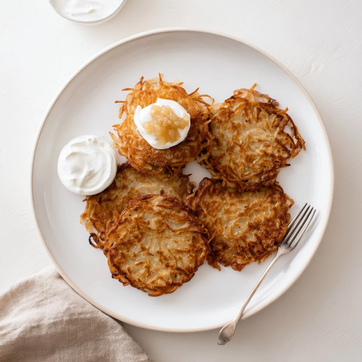 Golden brown German potato pancakes stacked on a white serving plate with a dollop of cool sour cream