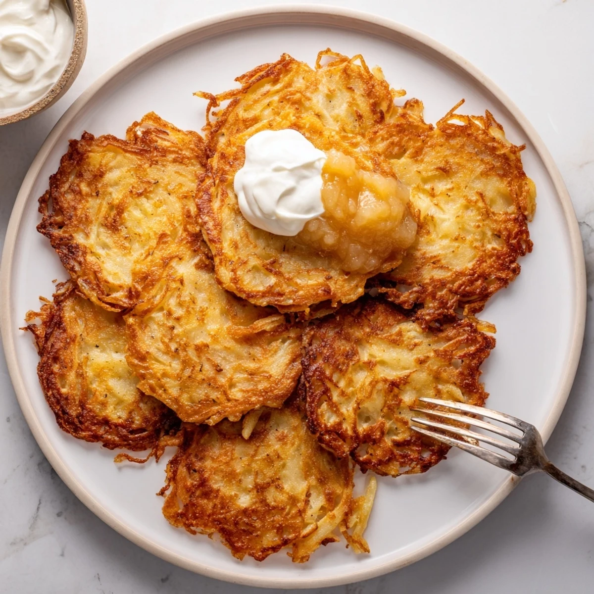 Crispy fried German potato pancakes arranged on a wooden board beside a small bowl of tart applesauce