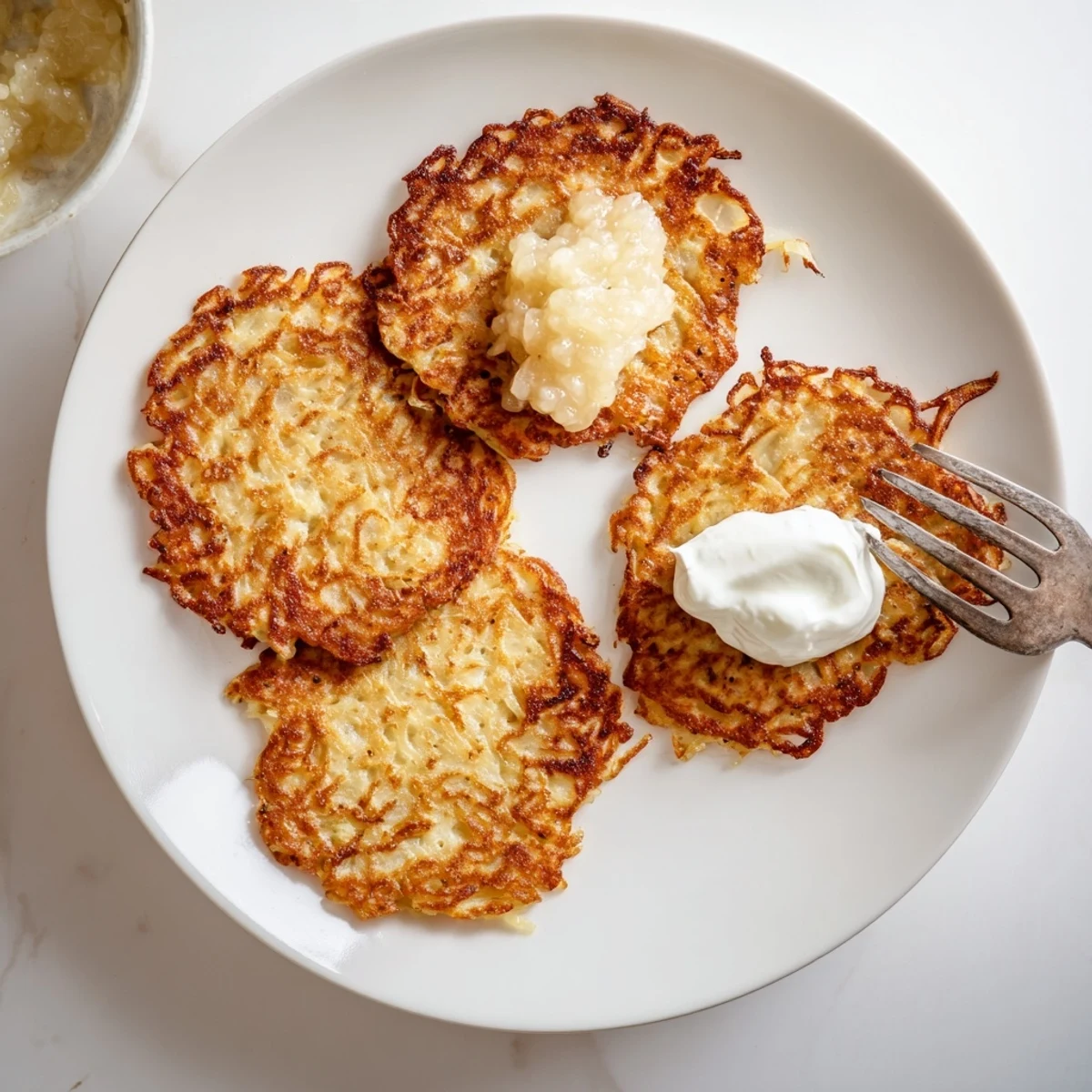 Homemade German potato pancakes served hot with garnish showing their delightfully crunchy golden edges and fluffy interior