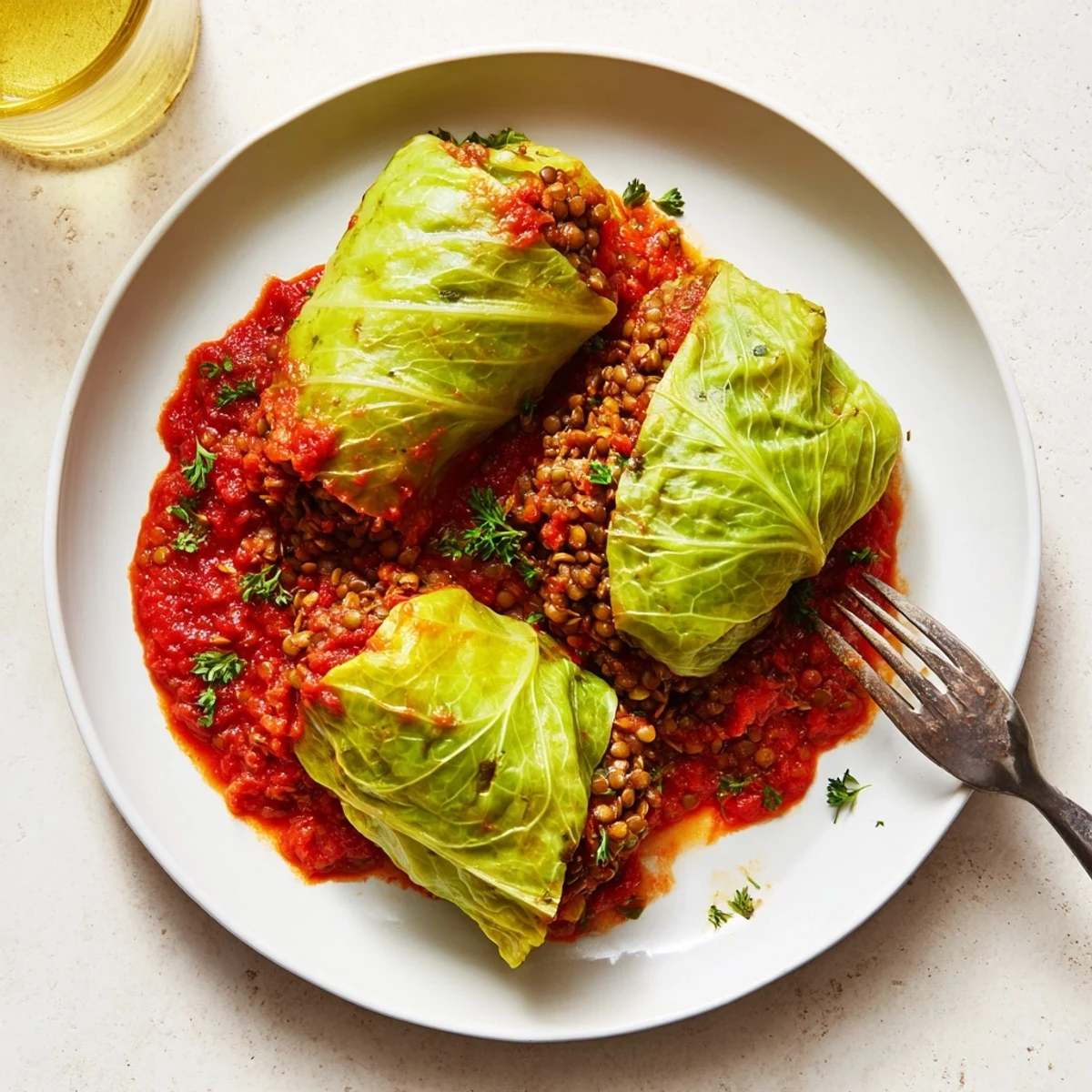 Tender vegan cabbage rolls stuffed with lentils and rice bubbling in rich tomato sauce
