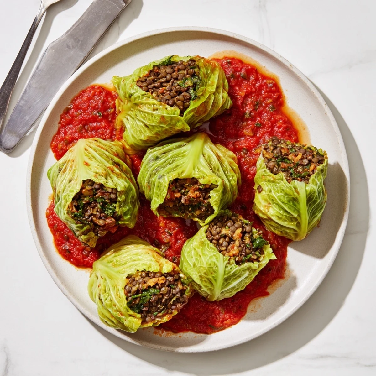 Golden baked vegan cabbage rolls filled with savory lentils and vegetables on a white plate