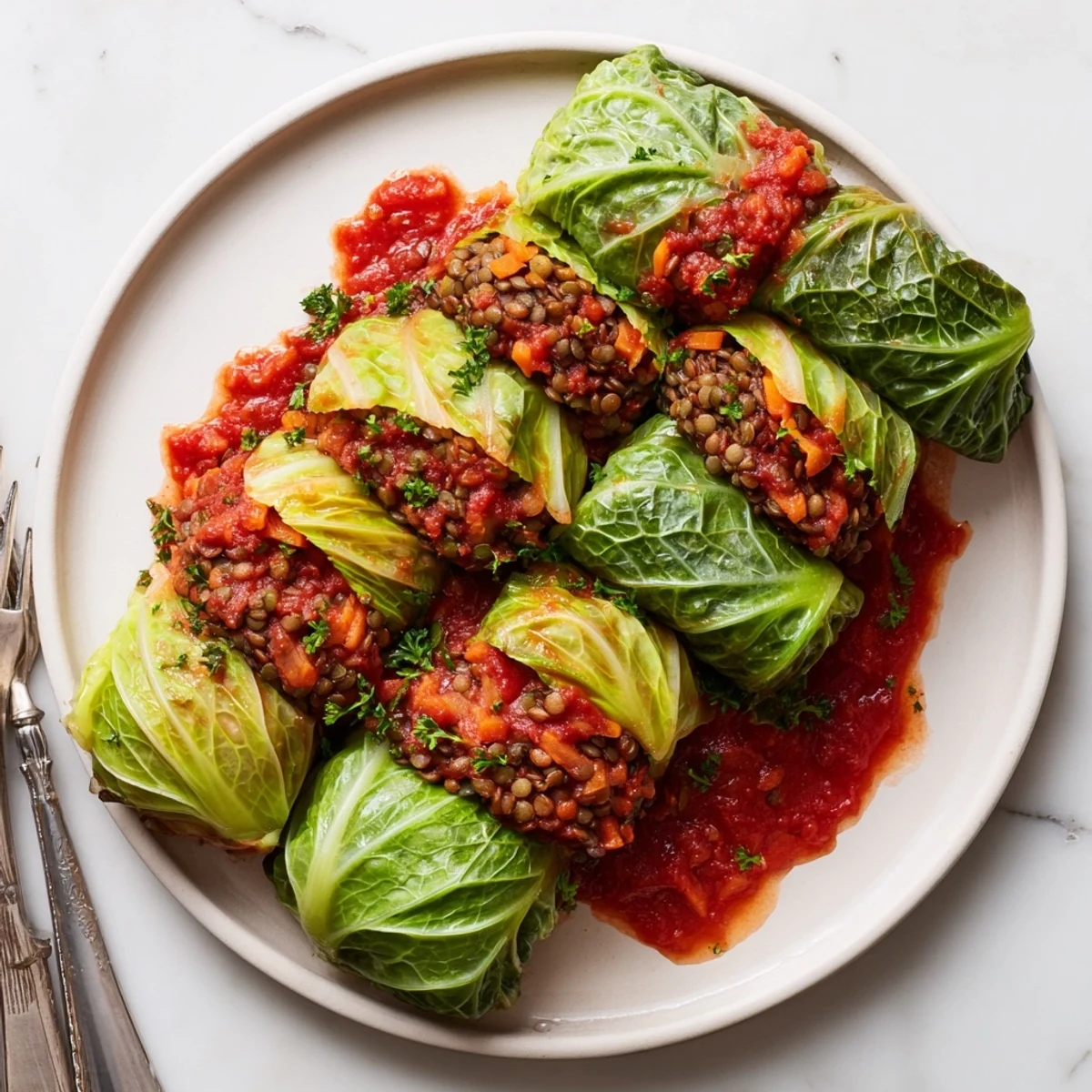 Steaming vegan cabbage rolls with hearty lentil rice filling smothered in tangy tomato sauce