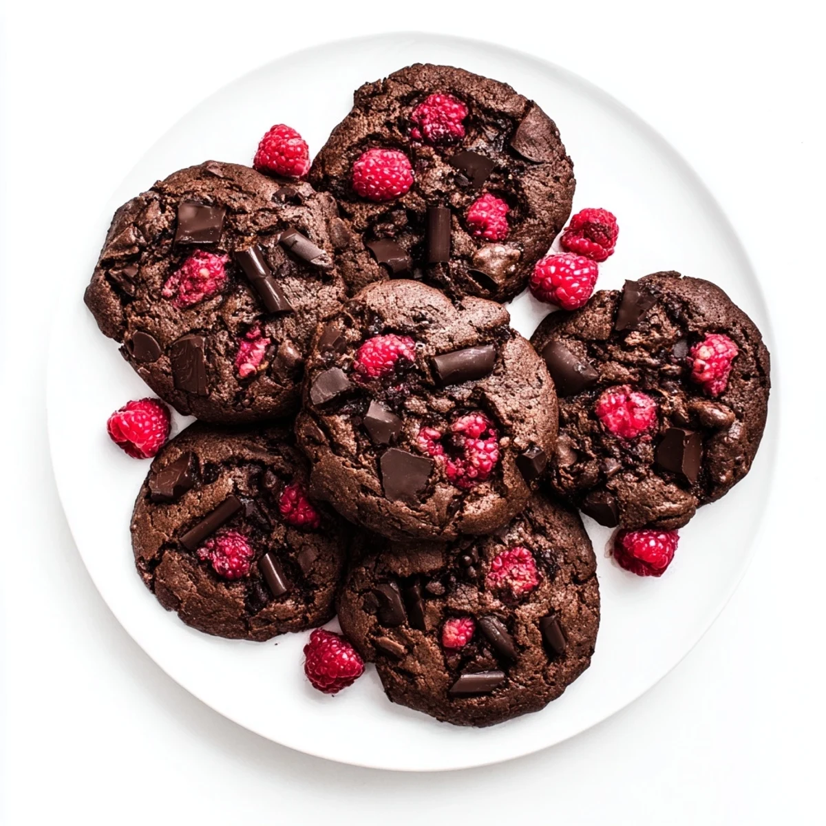 Chewy dark chocolate raspberry cookies studded with melted chunks and tart berry bits