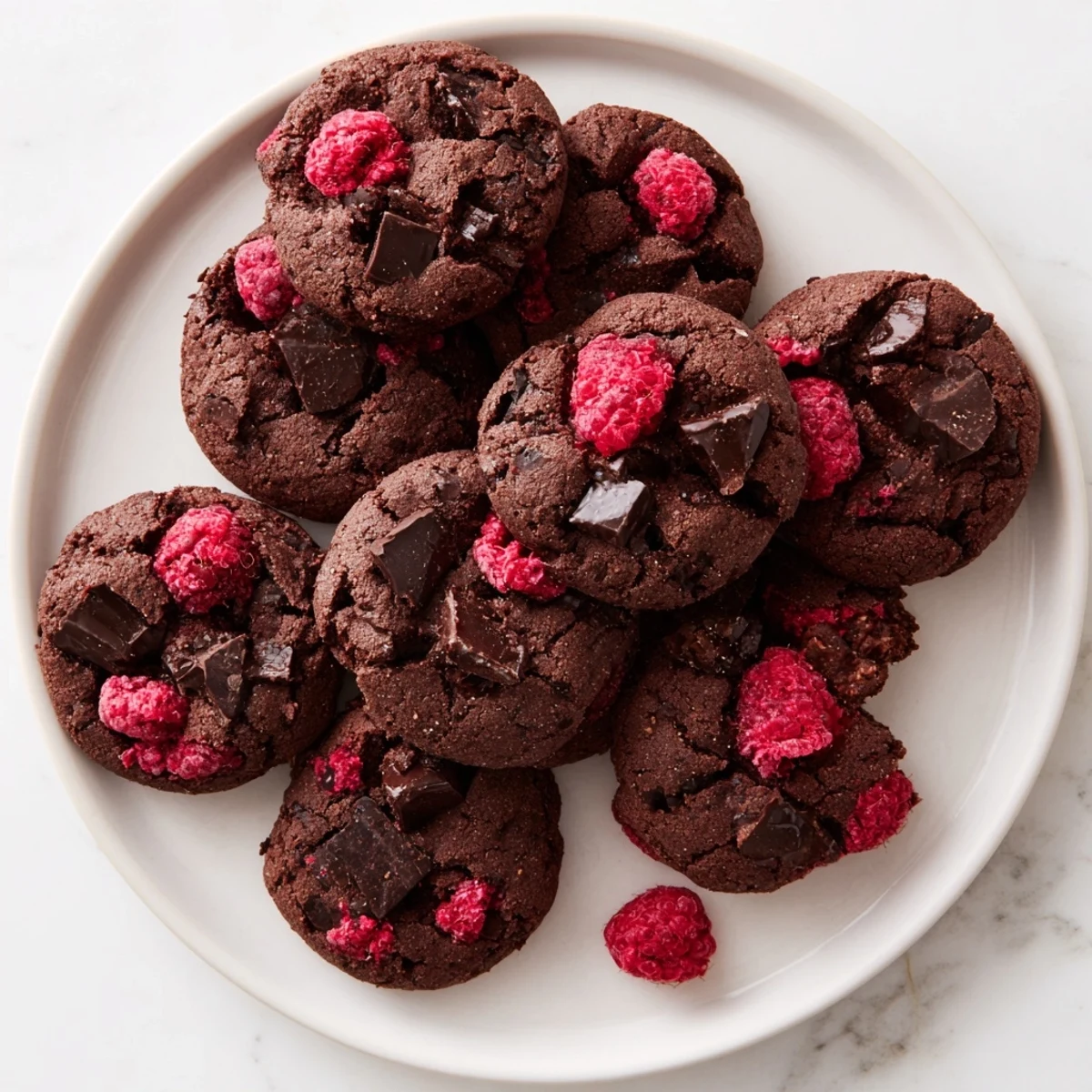 Fresh baked dark chocolate raspberry cookies cooling on wire rack with soft centers