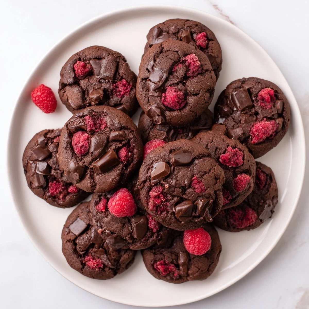 Plate of rich dark chocolate raspberry cookies featuring gooey chocolate and vibrant raspberries