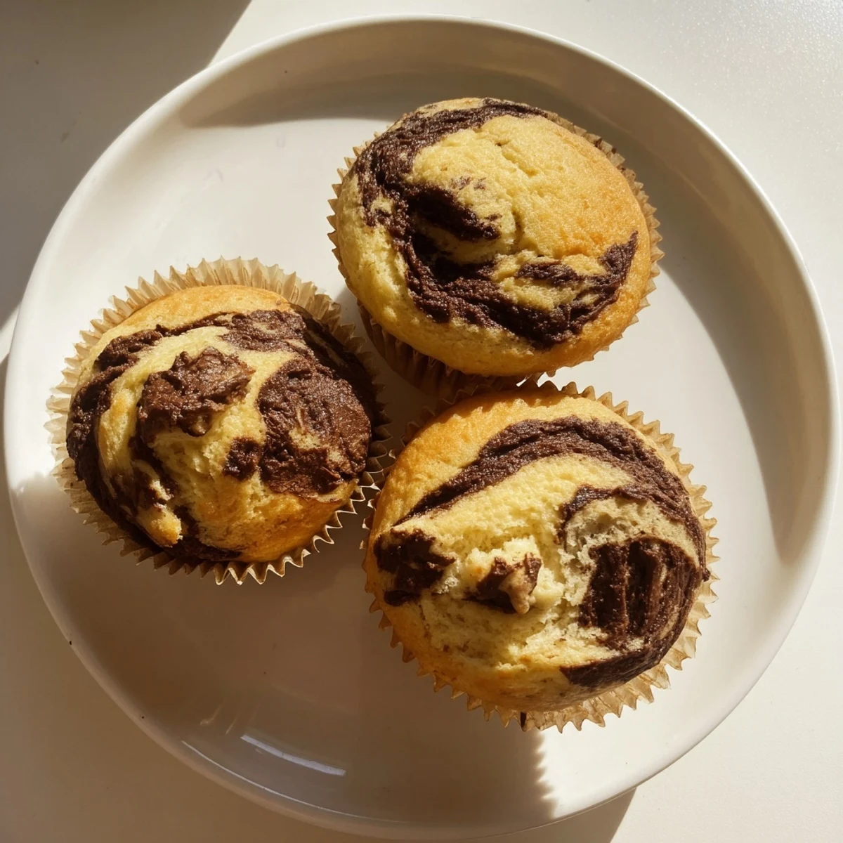 Golden Nutella banana muffins with swirling chocolate hazelnut ribbons on a wire cooling rack