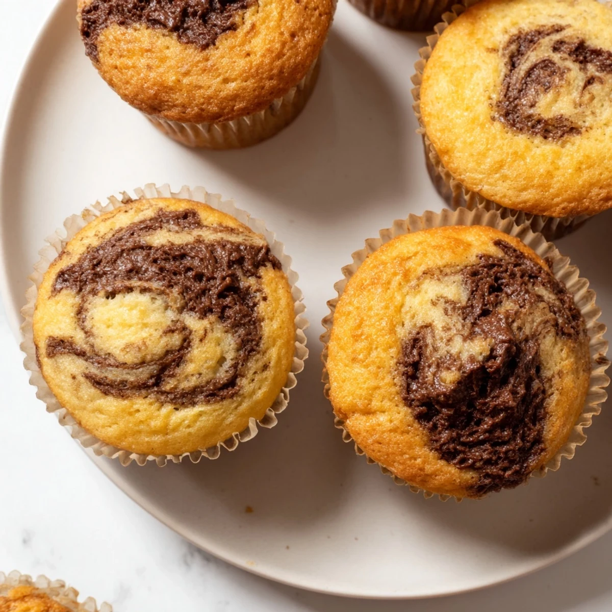 Freshly baked Nutella banana muffins topped with marbled chocolate hazelnut spread in a paper-lined tin