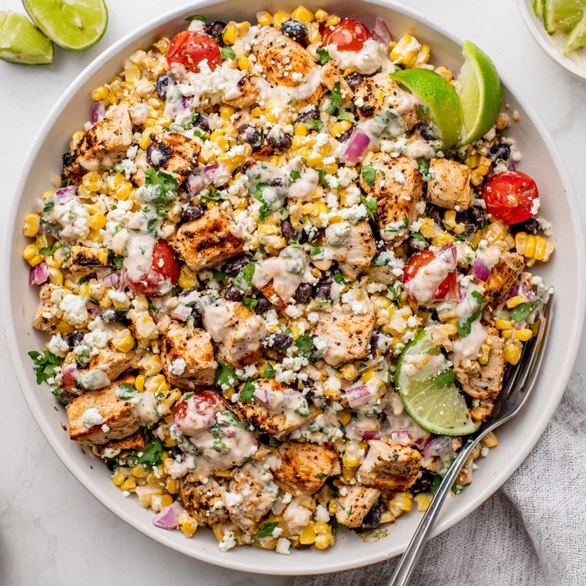 Colorful high protein chicken street corn salad bowl with grilled chicken chunks, charred corn kernels, black beans, cherry tomatoes, and creamy Greek yogurt dressing topped with crumbled white cheese and fresh cilantro.