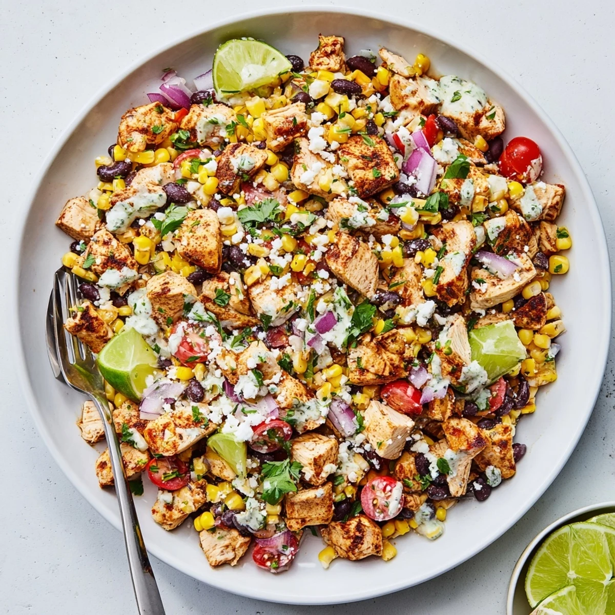 Vibrant Mexican-inspired chicken street corn salad featuring spiced grilled chicken, sweet corn, juicy tomatoes, red onion, and black beans tossed in tangy lime yogurt dressing.