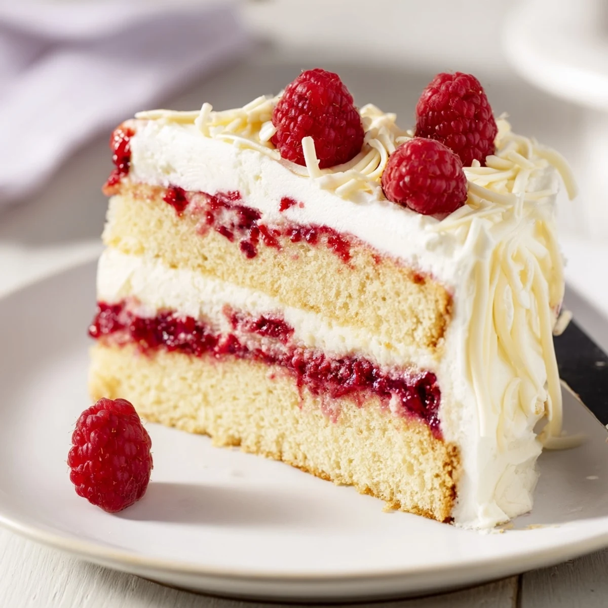 Decadent white chocolate raspberry cream cake with fresh berries and fluffy whipped cream frosting