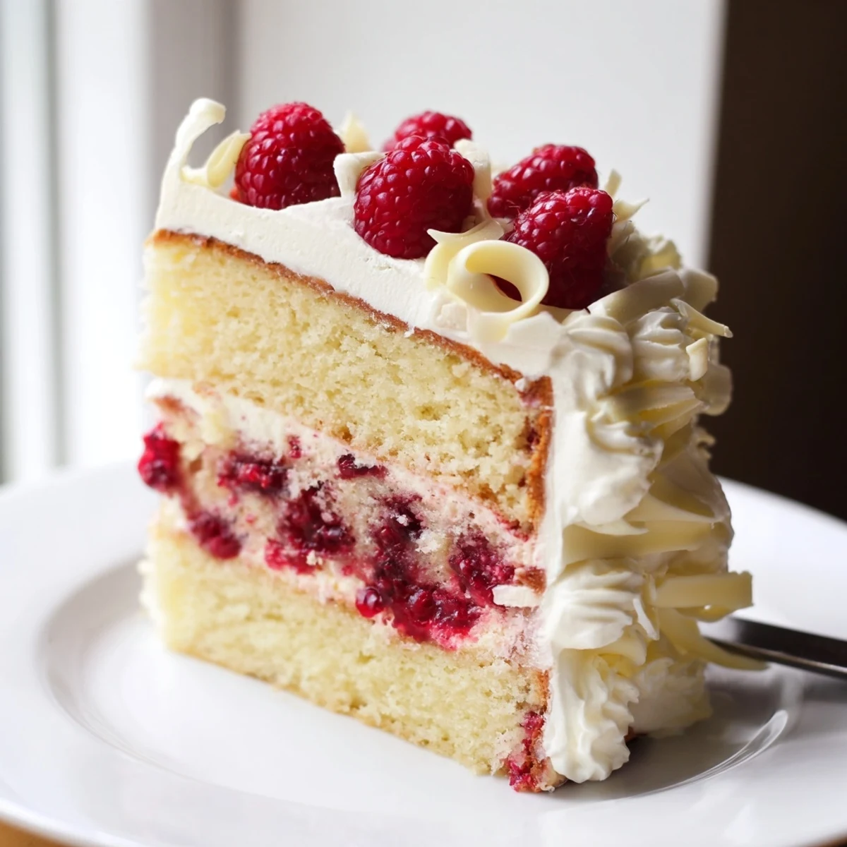 Layered vanilla sponge cake topped with sweet raspberry compote and creamy white chocolate filling
