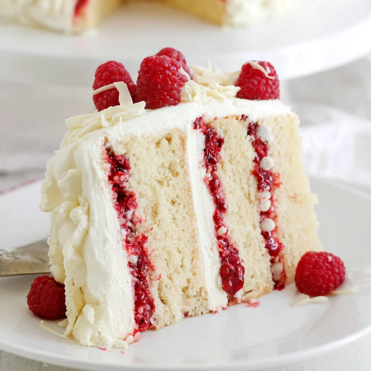 Elegant white chocolate raspberry cream cake dessert garnished with fresh raspberries and chocolate curls