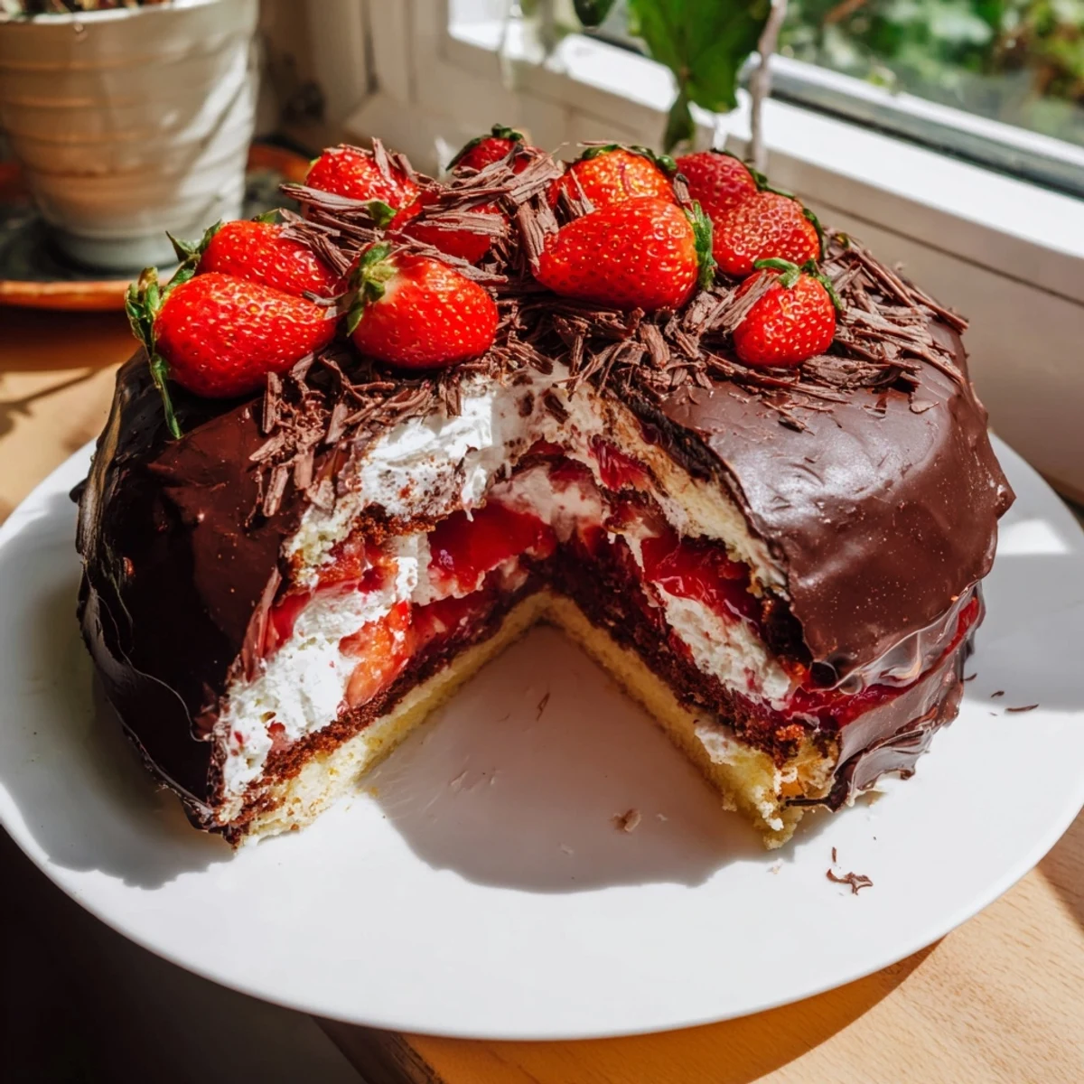 Elegant Strawberry Chocolate Shell Cake with glossy dark chocolate coating and fresh berry garnish on white serving plate