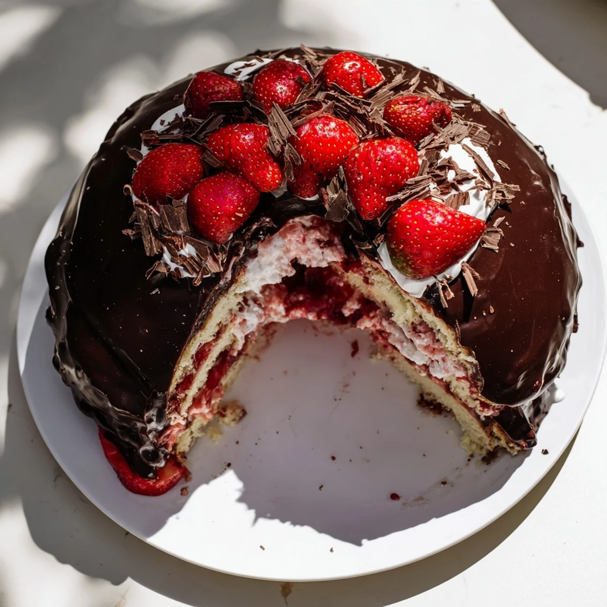 Decadent layered Strawberry Chocolate Shell Cake sliced to reveal fluffy vanilla sponge and sweet strawberry cream filling