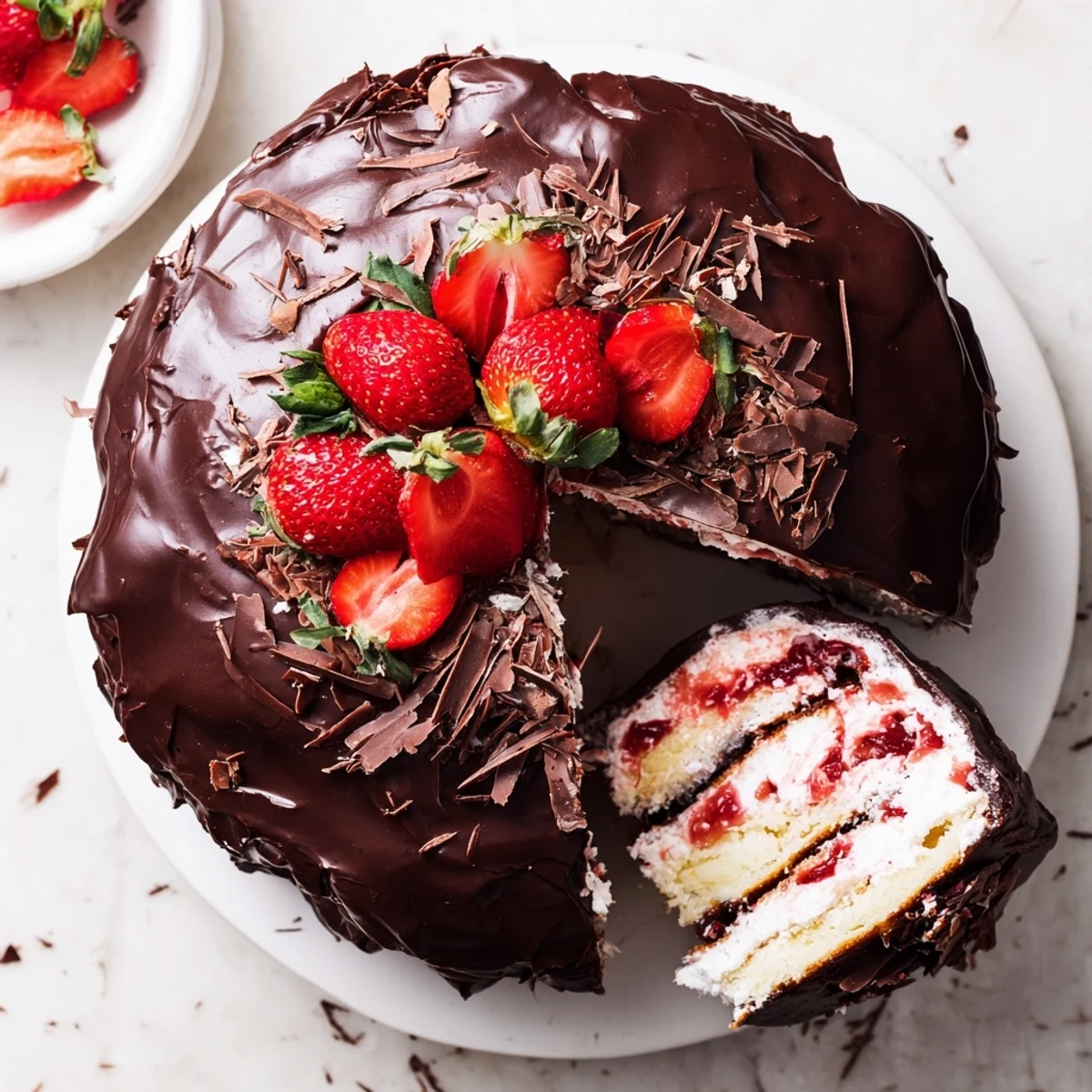 Show-stopping Strawberry Chocolate Shell Cake featuring crackling chocolate shell draped over whipped cream topped with halved fresh strawberries