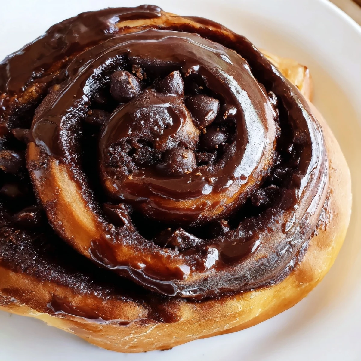 Freshly baked double chocolate cinnamon rolls drizzled with rich chocolate glaze on a white plate.