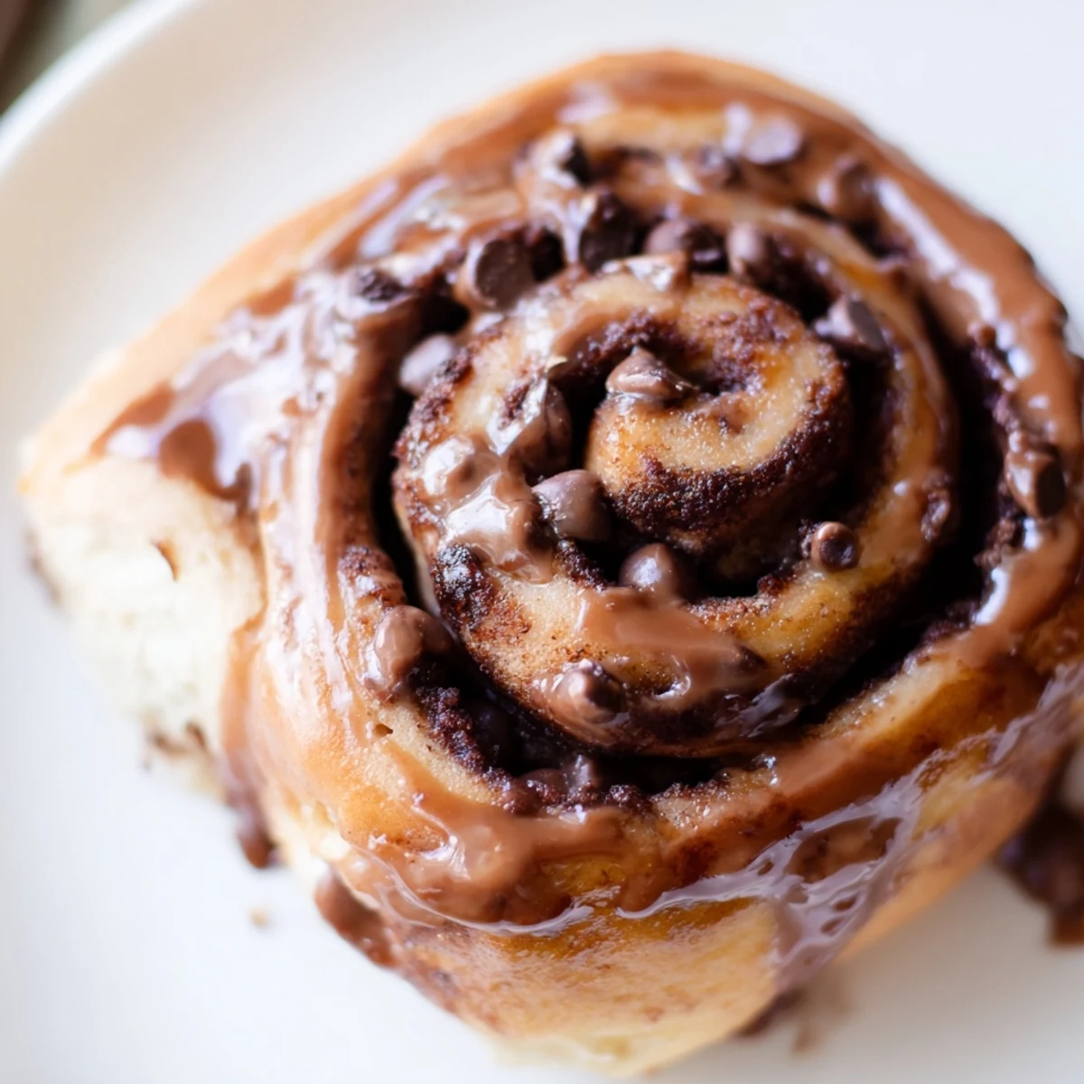 Warm double chocolate cinnamon rolls with chocolate chips and cinnamon swirl visible in the cross section.