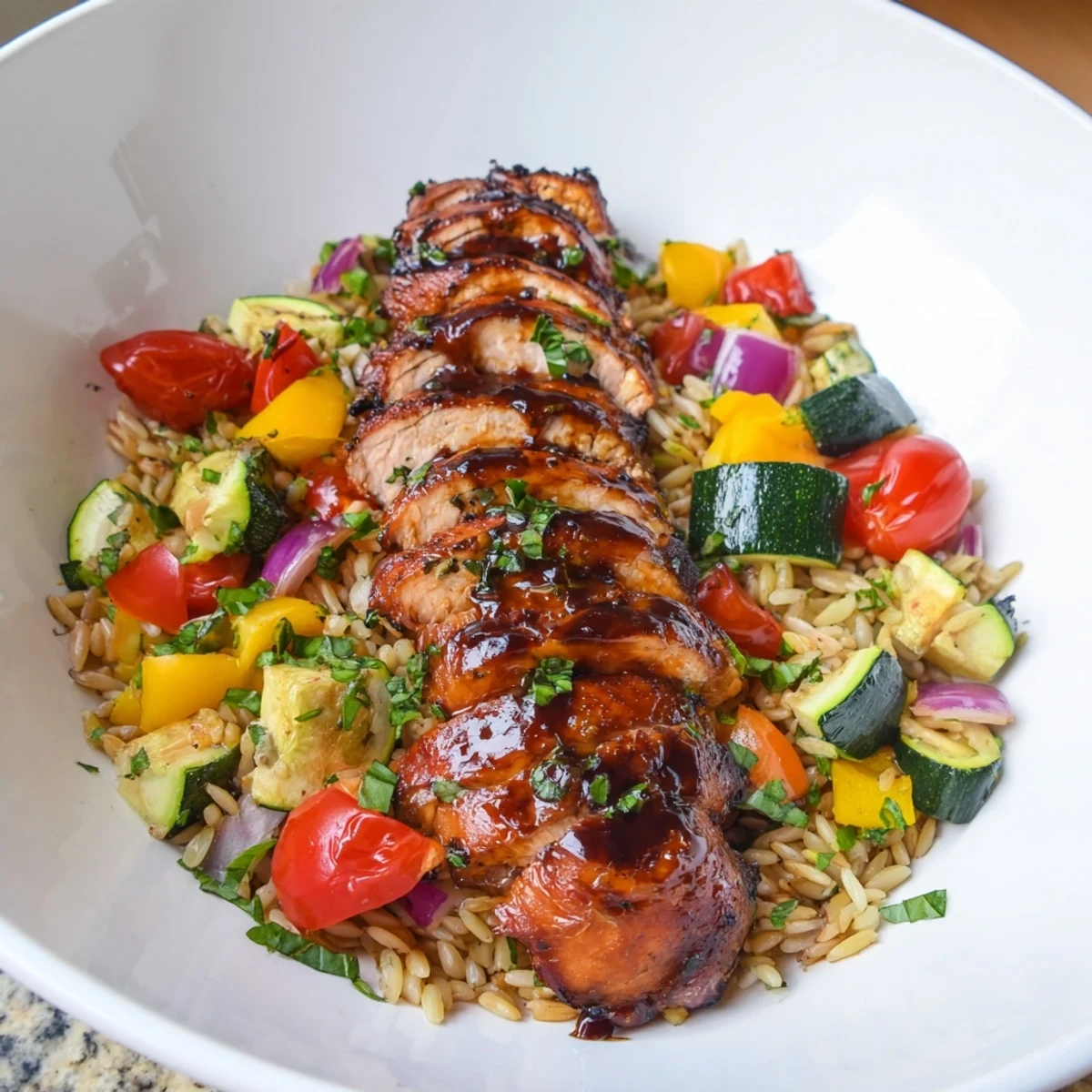 Golden balsamic glazed chicken breast atop colorful roasted vegetables and orzo pasta