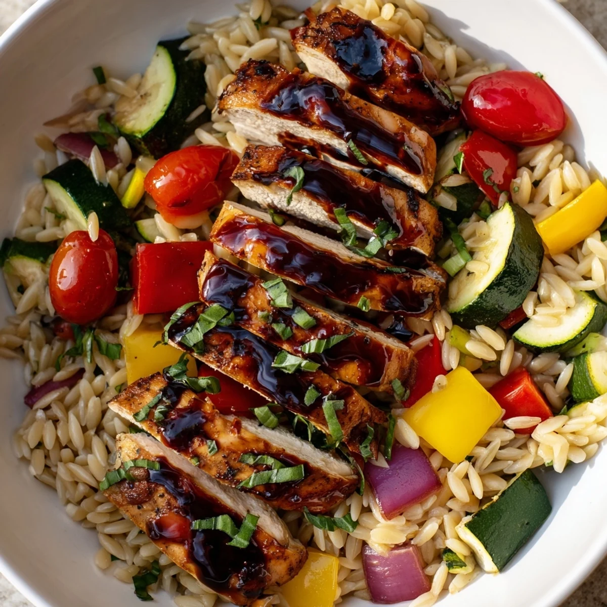 Wholesome balsamic chicken veggie orzo bowl with tender meat and Mediterranean roasted vegetables