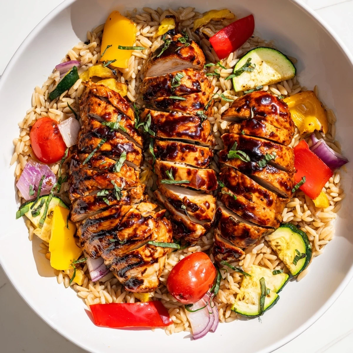 Glossy balsamic chicken served over bright veggie orzo with fresh herbs and lemon