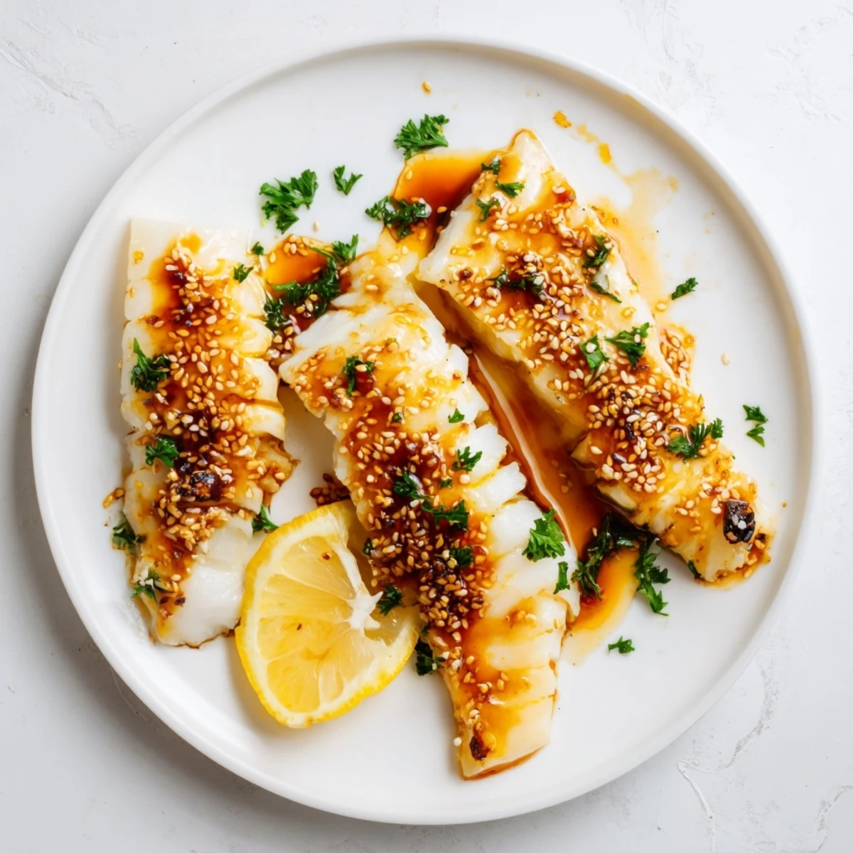 Flaky honey soy baked cod garnished with fresh parsley and sesame seeds