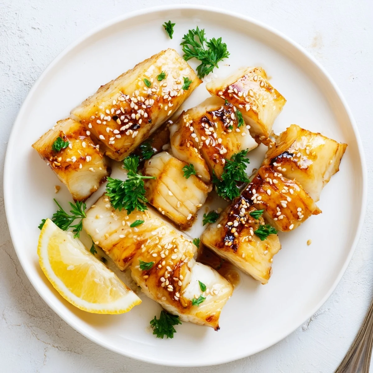 Golden baked cod fillets glazed with honey soy marinade on a white plate