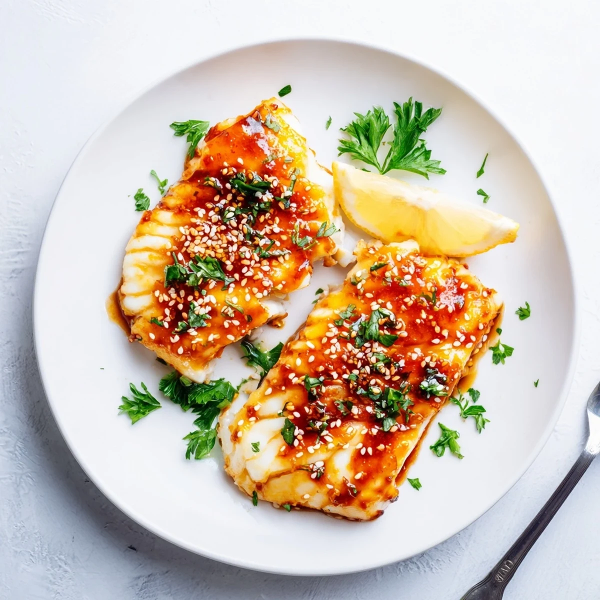 Tender baked cod with honey soy sauce served with lemon wedges on baking sheet