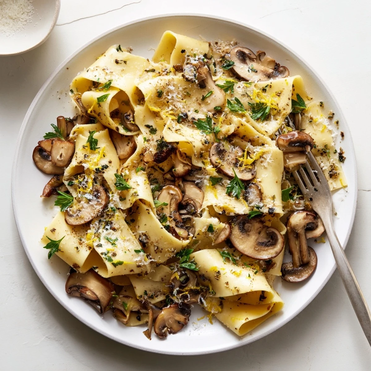 Wide ribbon pasta coated in rich buttery garlic sauce with sautéed mixed mushrooms