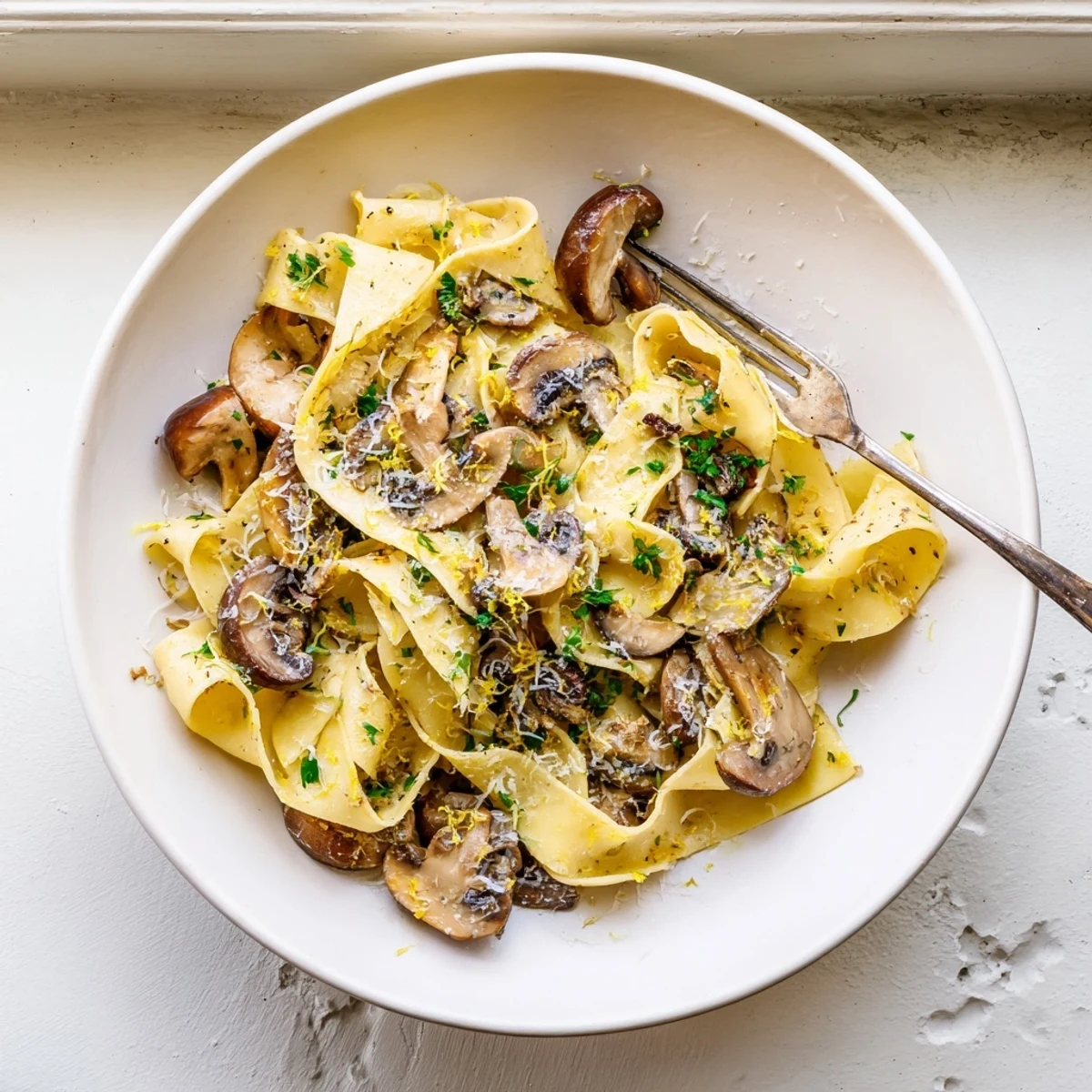 Steaming bowl of garlic butter mushroom pappardelle garnished with lemon zest and parsley